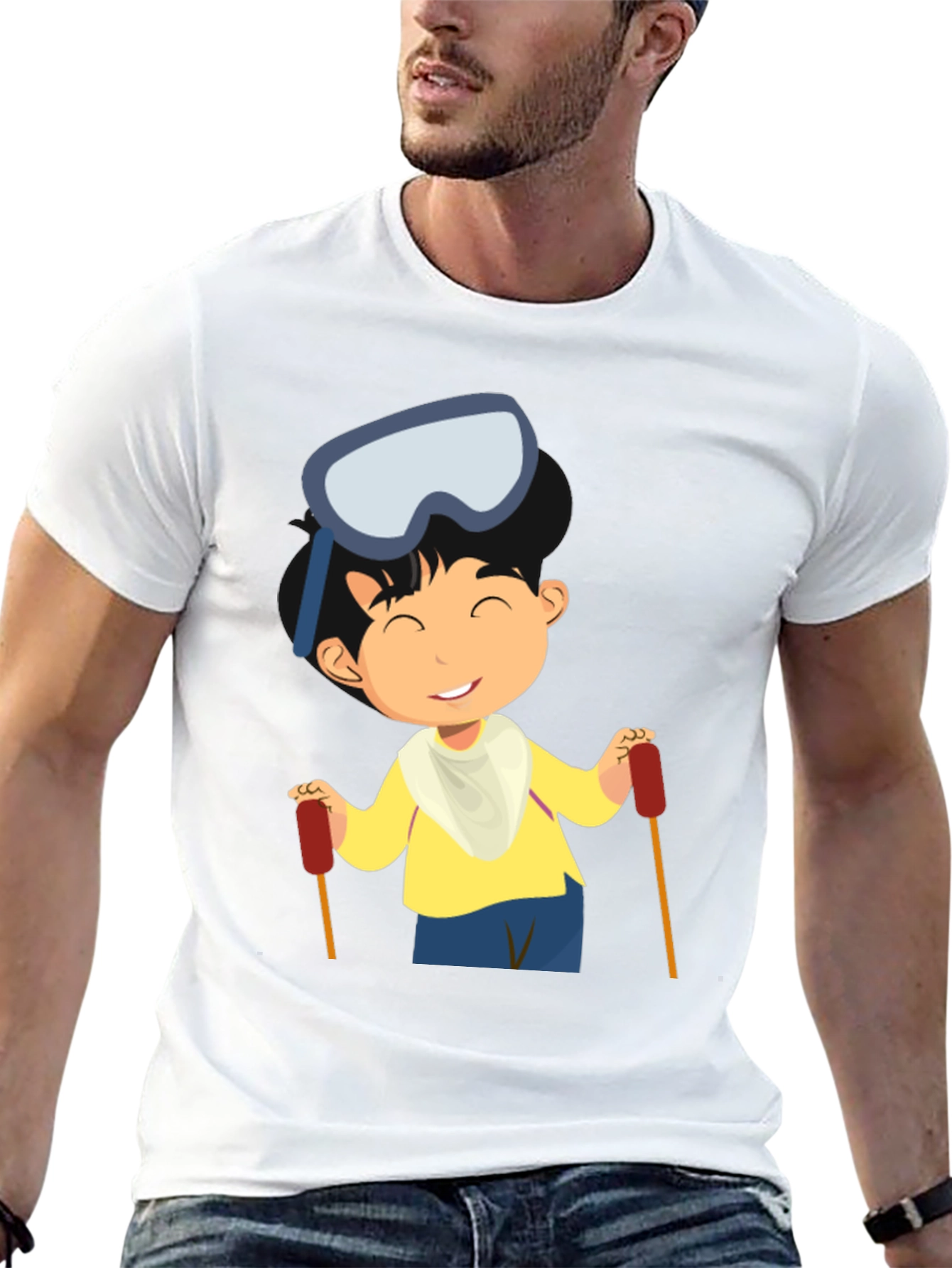 Skiing Boy Graphic Tee - Black Cotton T-Shirt