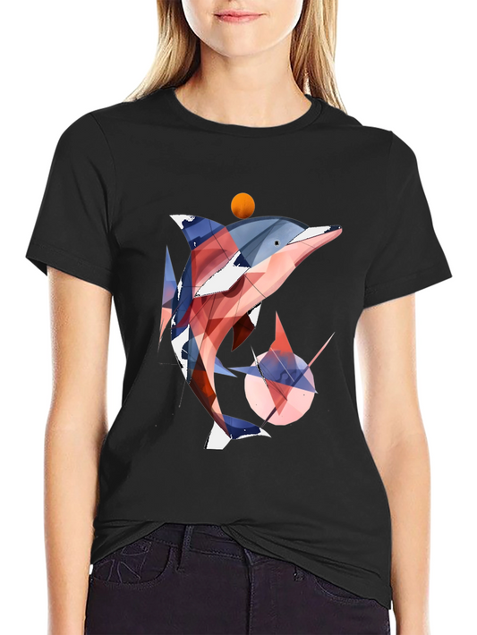 Geometric Dolphin Graphic Tee - Black Cotton Blend Casual T-Shirt
