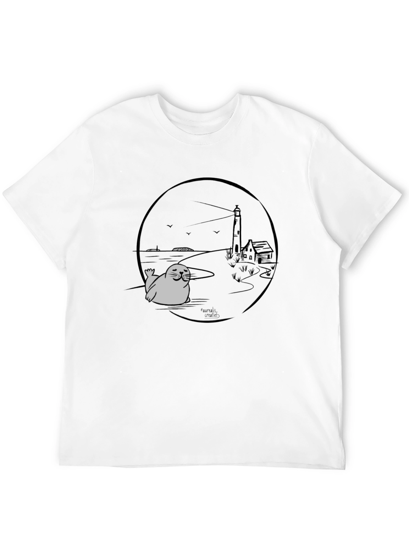 Seal Lighthouse Graphic Tee - Black Cotton T-Shirt