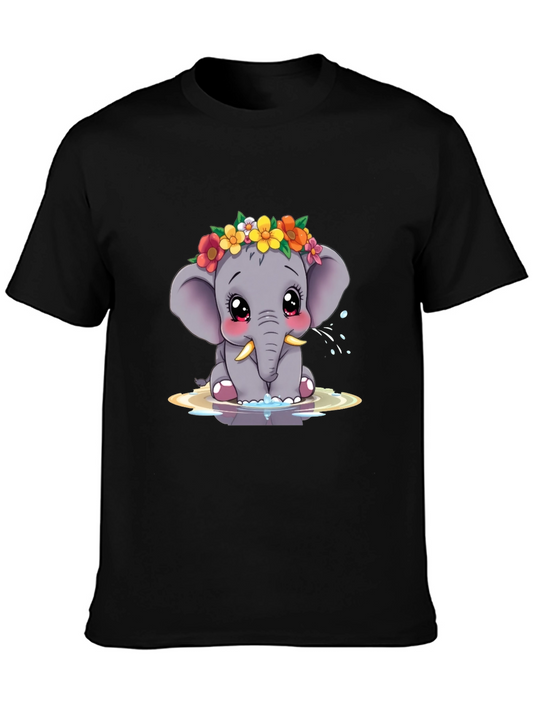 Cute Elephant Floral Crown Black Tee