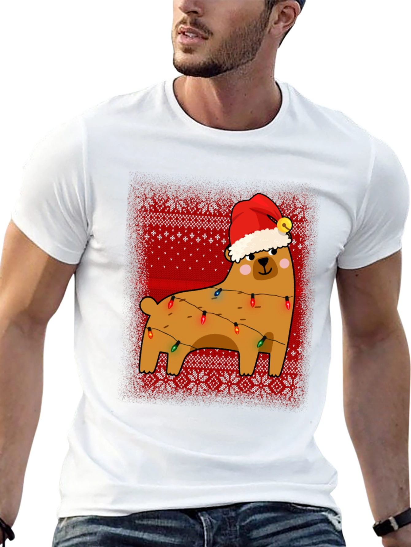 Bear Christmas Lights Sweater Pattern Graphic T-Shirt