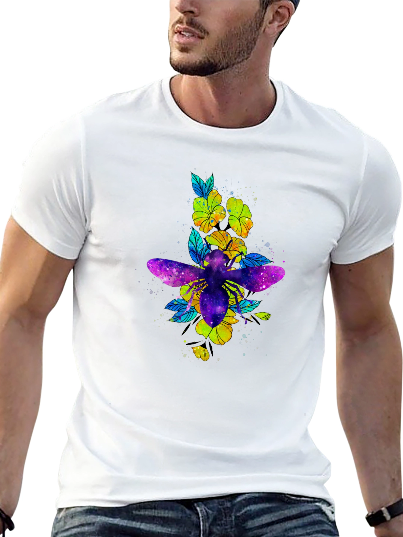Galaxy Bee & Flower Graphic Print Black Tee