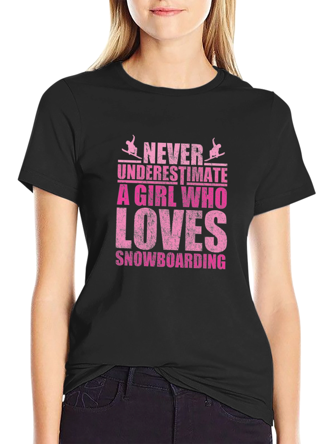 Never Underestimate Snowboarding Girl Black Tee