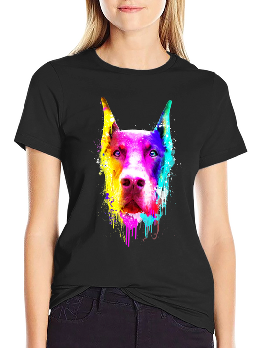 Colorful Doberman Dog Graphic Print Black T-Shirt