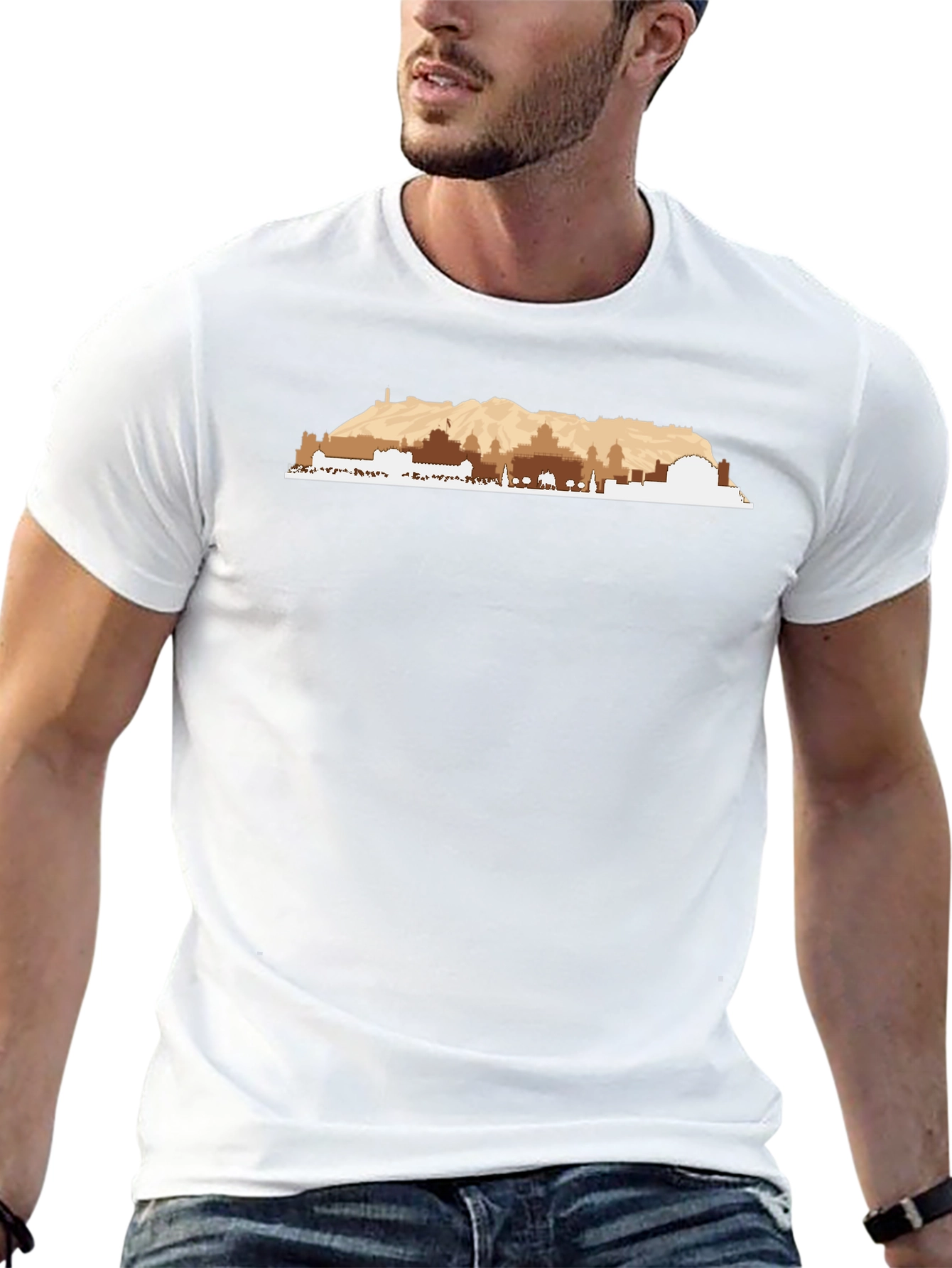 Mens Graphic Tee - Mountain Cityscape Design