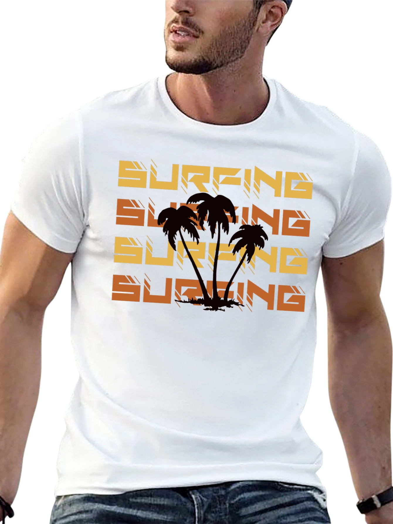 Surfing Palm Tree Graphic Tee - Black