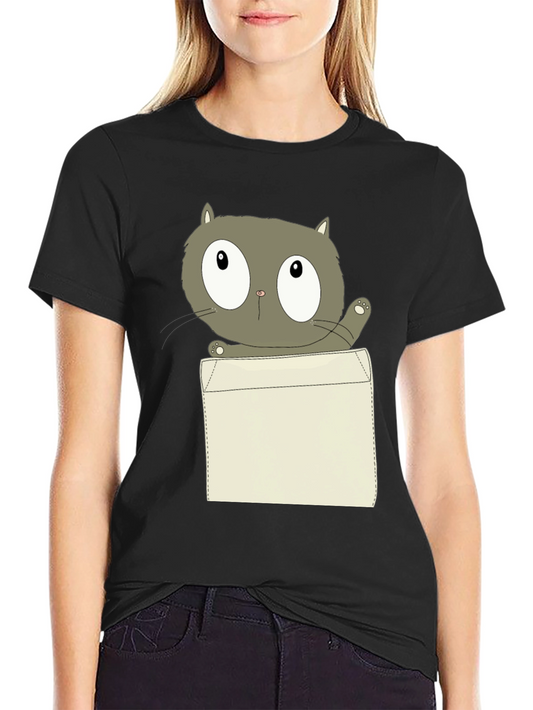 Cartoon Cat Pocket Print Black T-Shirt