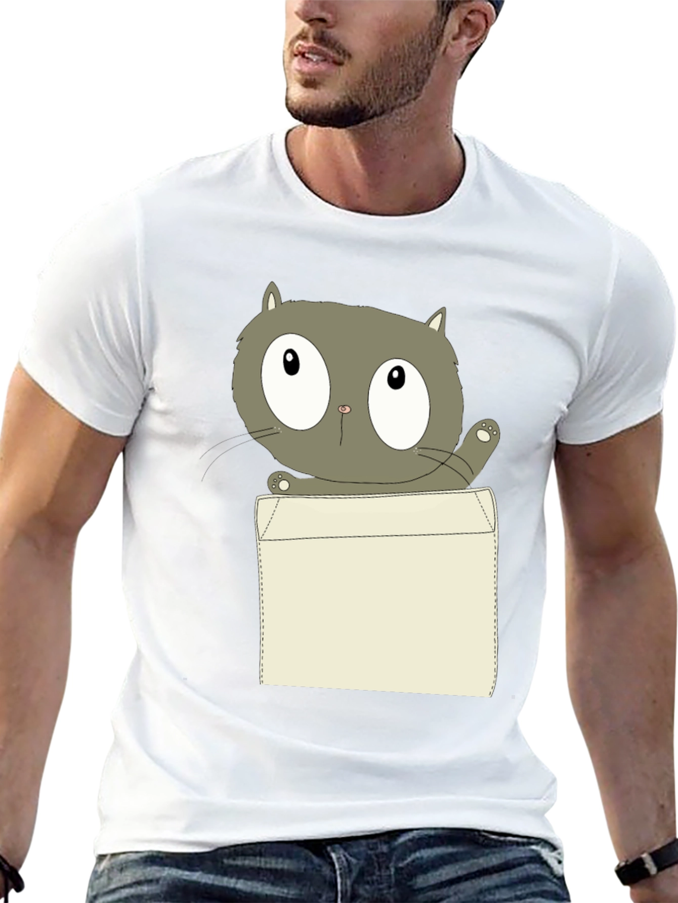 Cartoon Cat Pocket Print Black T-Shirt