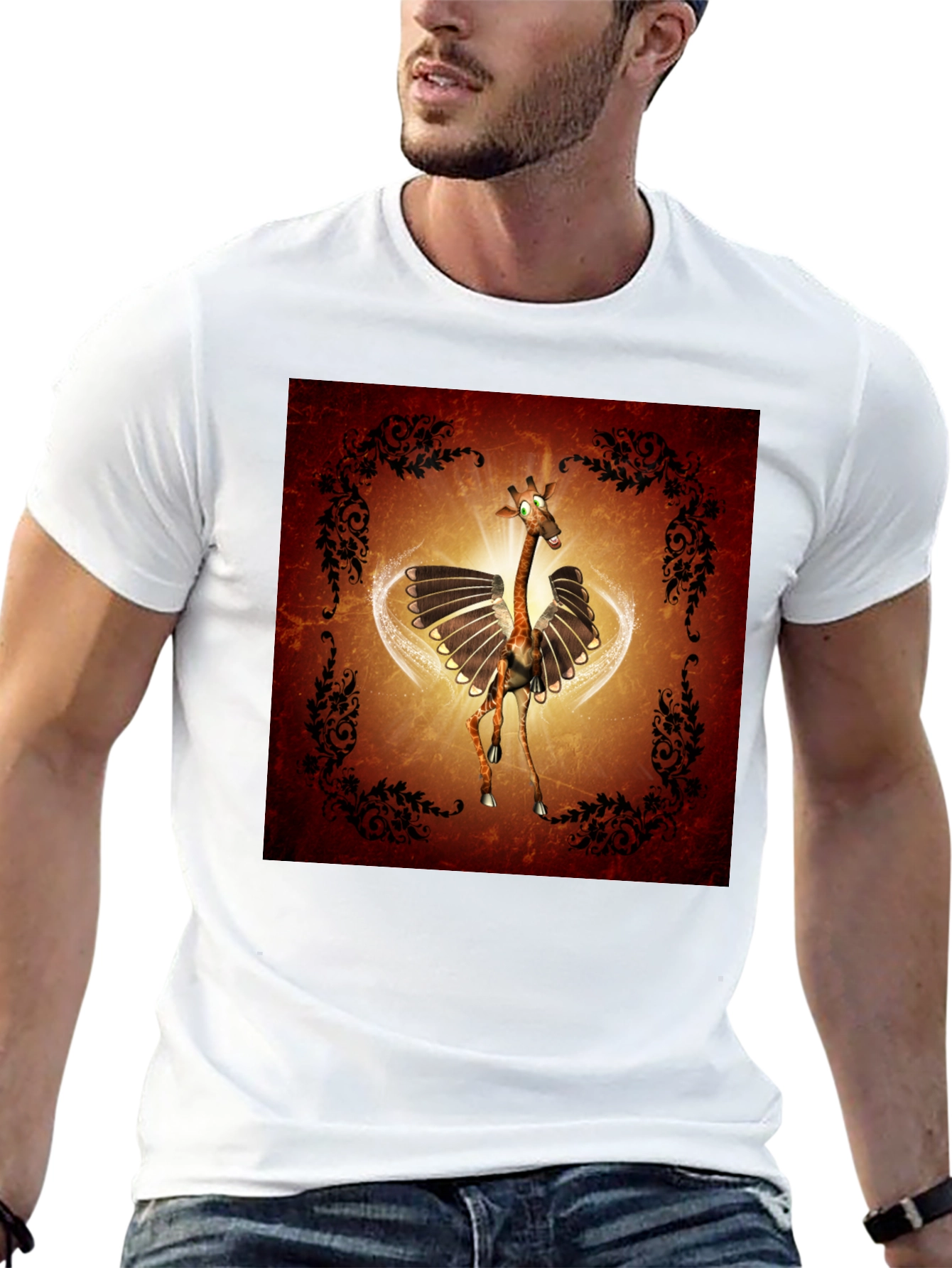 Whimsical Flying Giraffe Graphic Tee - Mens Black T-Shirt