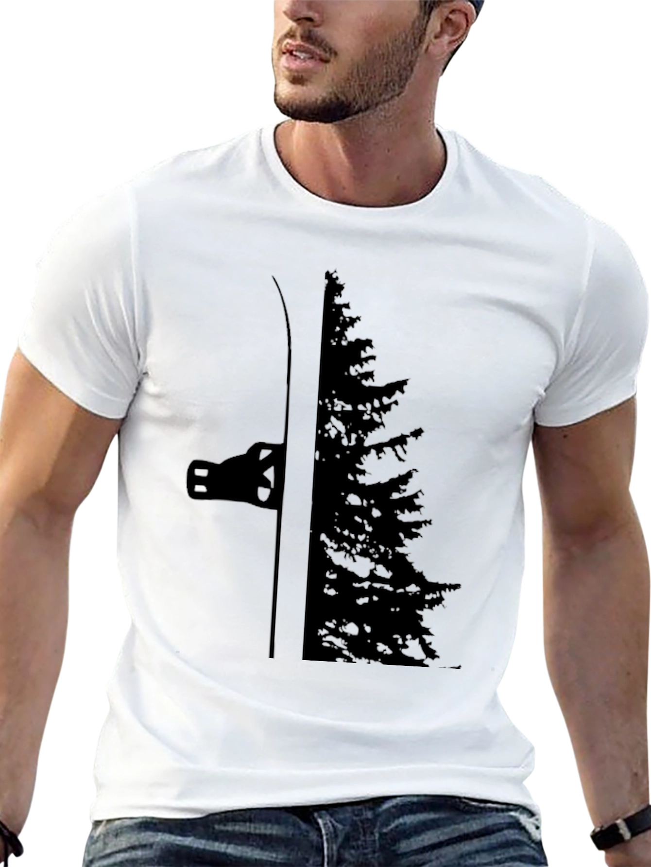 Ski and Tree Graphic Black T-Shirt