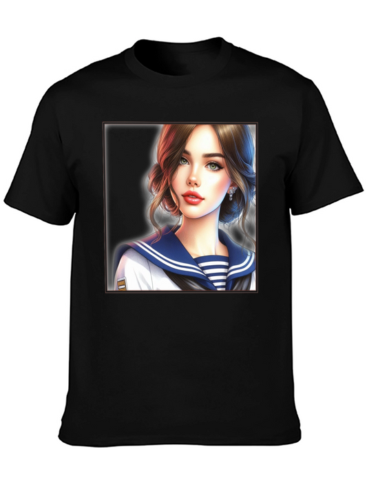 Anime Girl Sailor Outfit Black T-Shirt