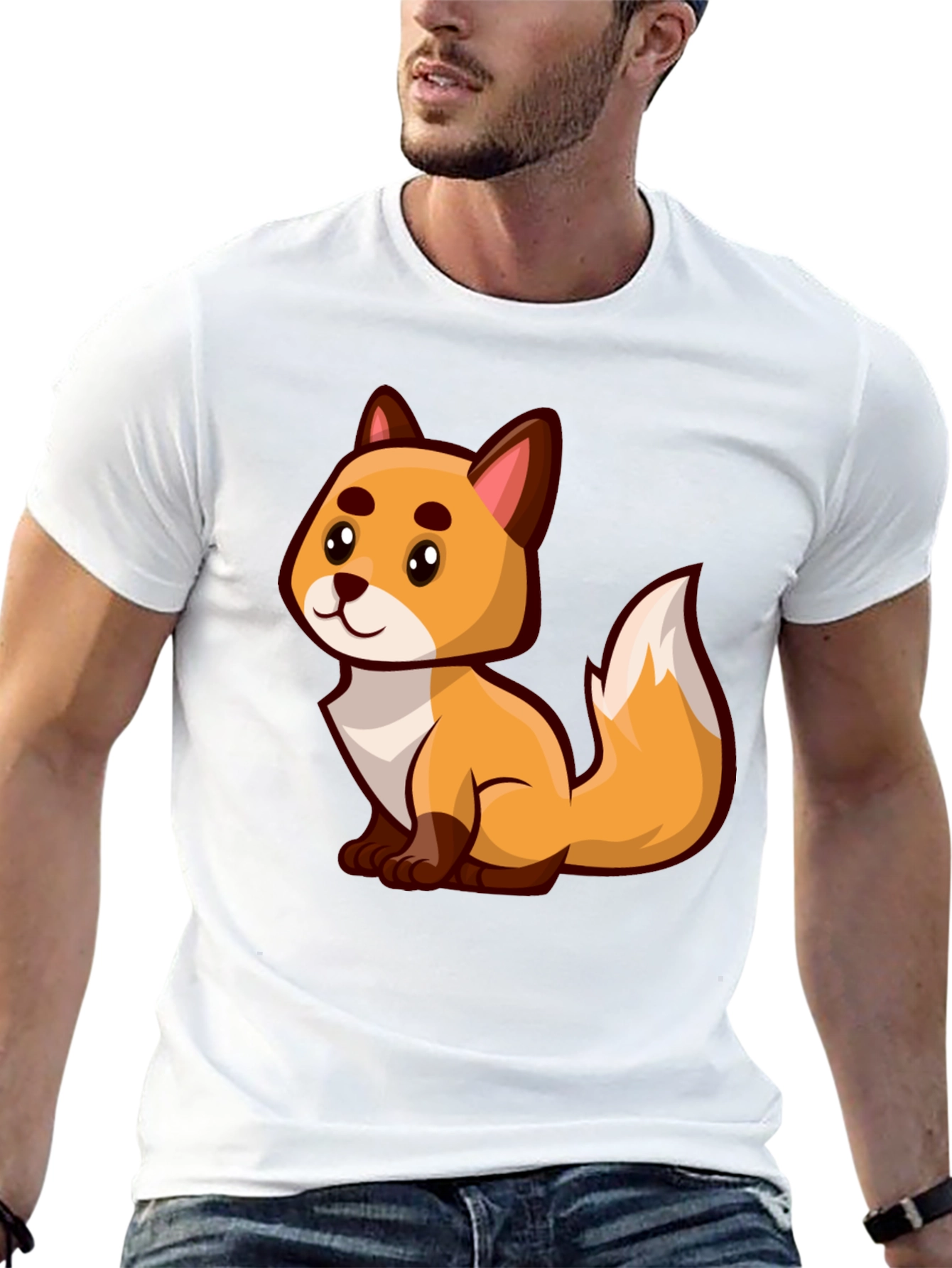 Cartoon Fox Graphic Tee - Black Crew Neck