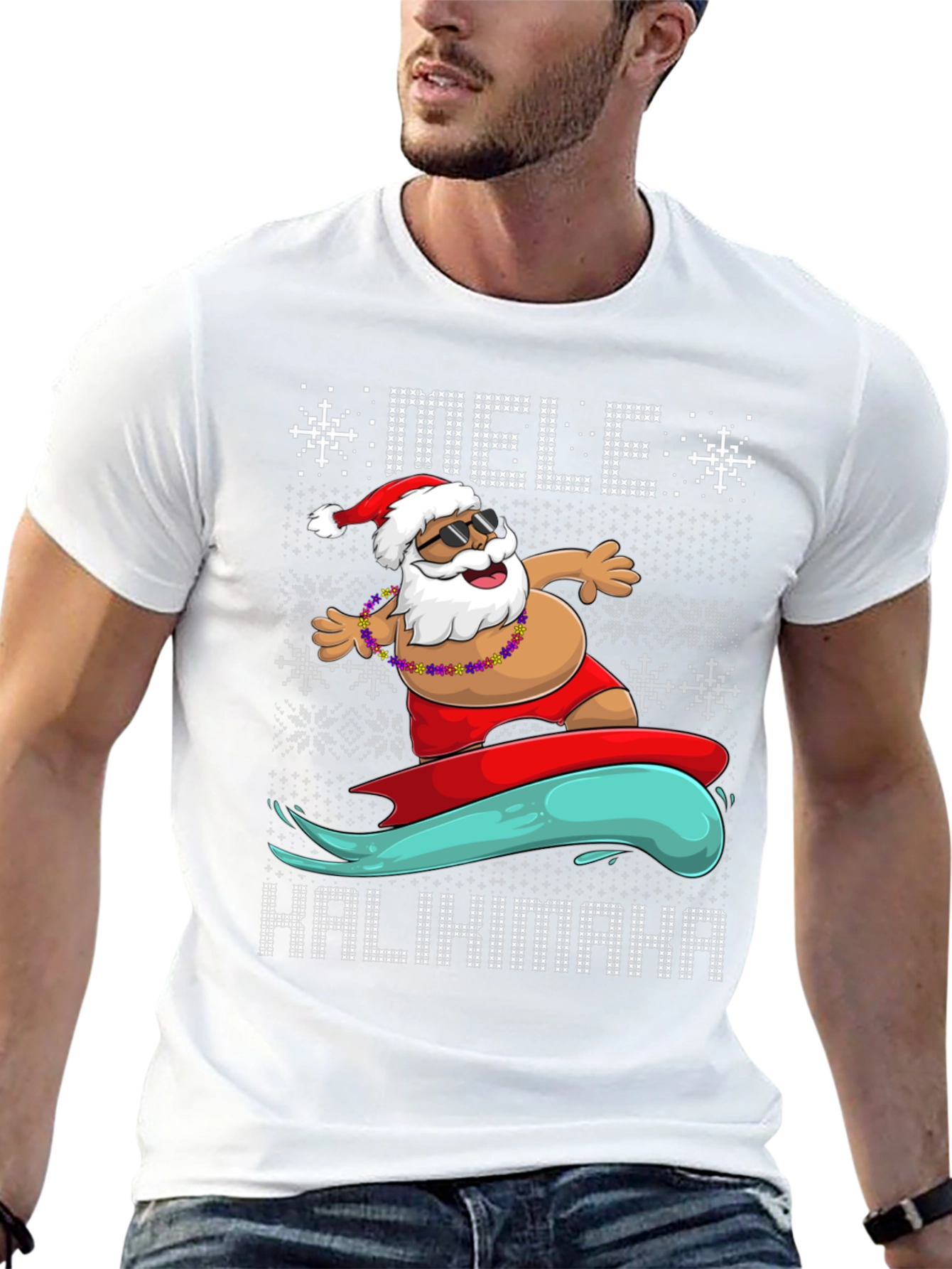 Surfing Santa Mele Kalikimaka Holiday Tee