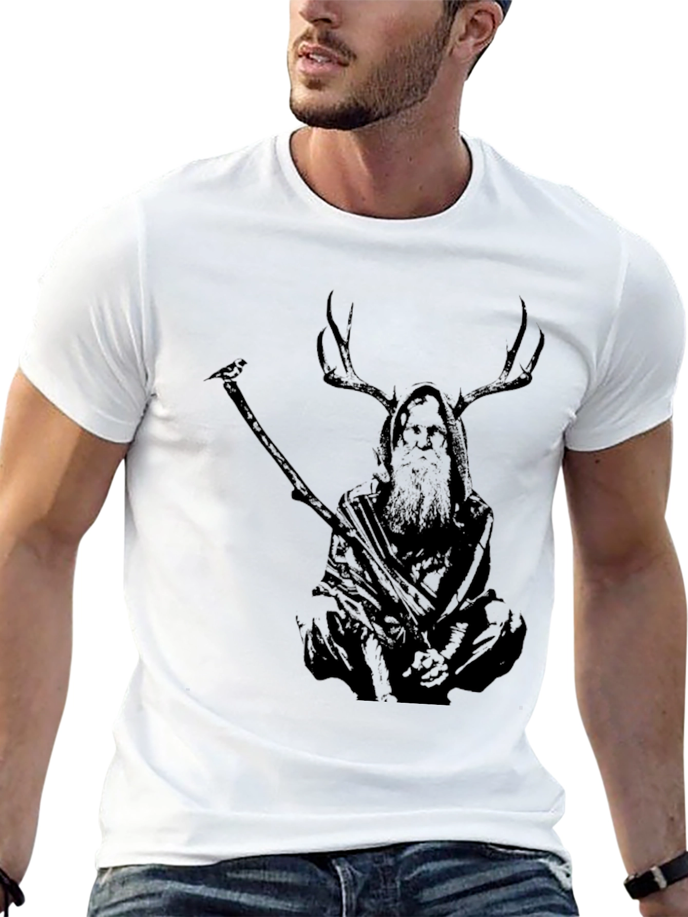 Mystic Deer Shaman Graphic T-Shirt - Black
