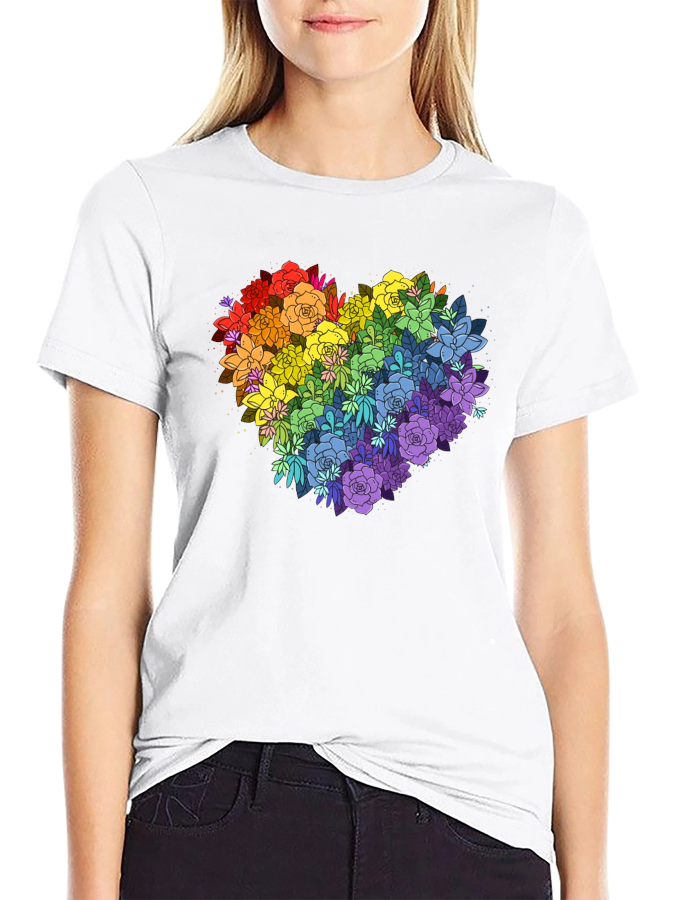 Rainbow Floral Heart Graphic Tee - Black