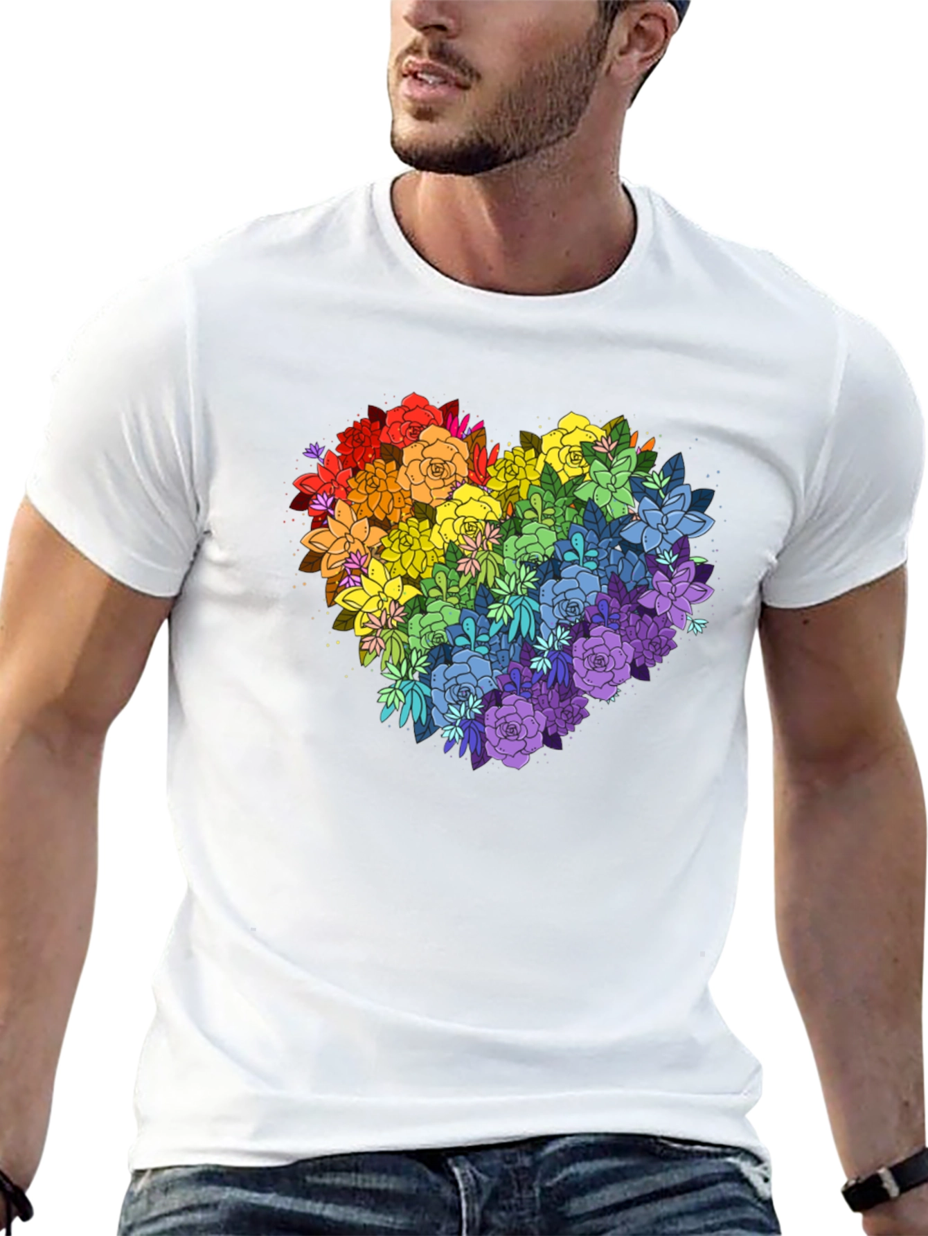 Rainbow Floral Heart Graphic Tee - Black