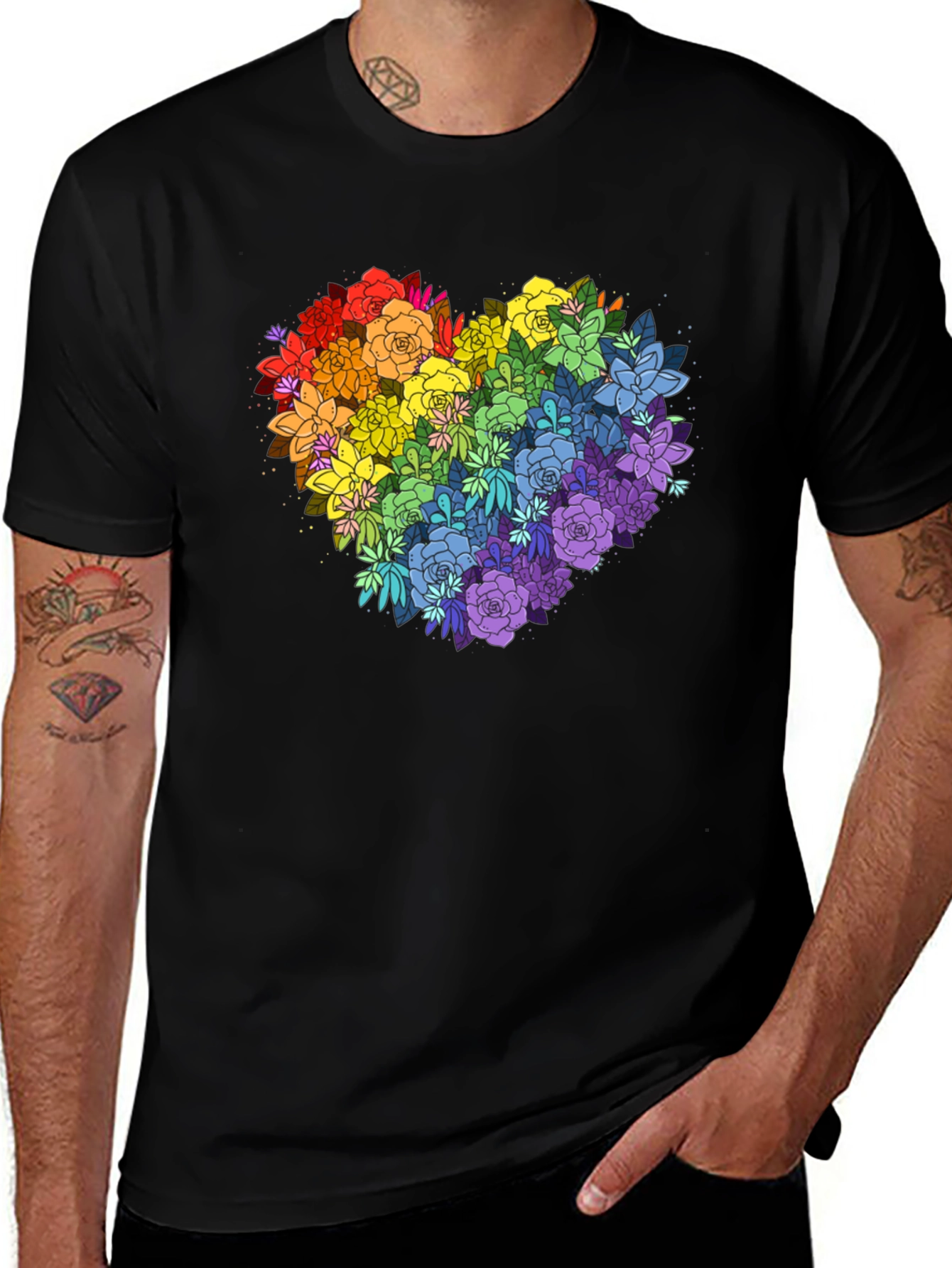 Rainbow Floral Heart Graphic Tee - Black