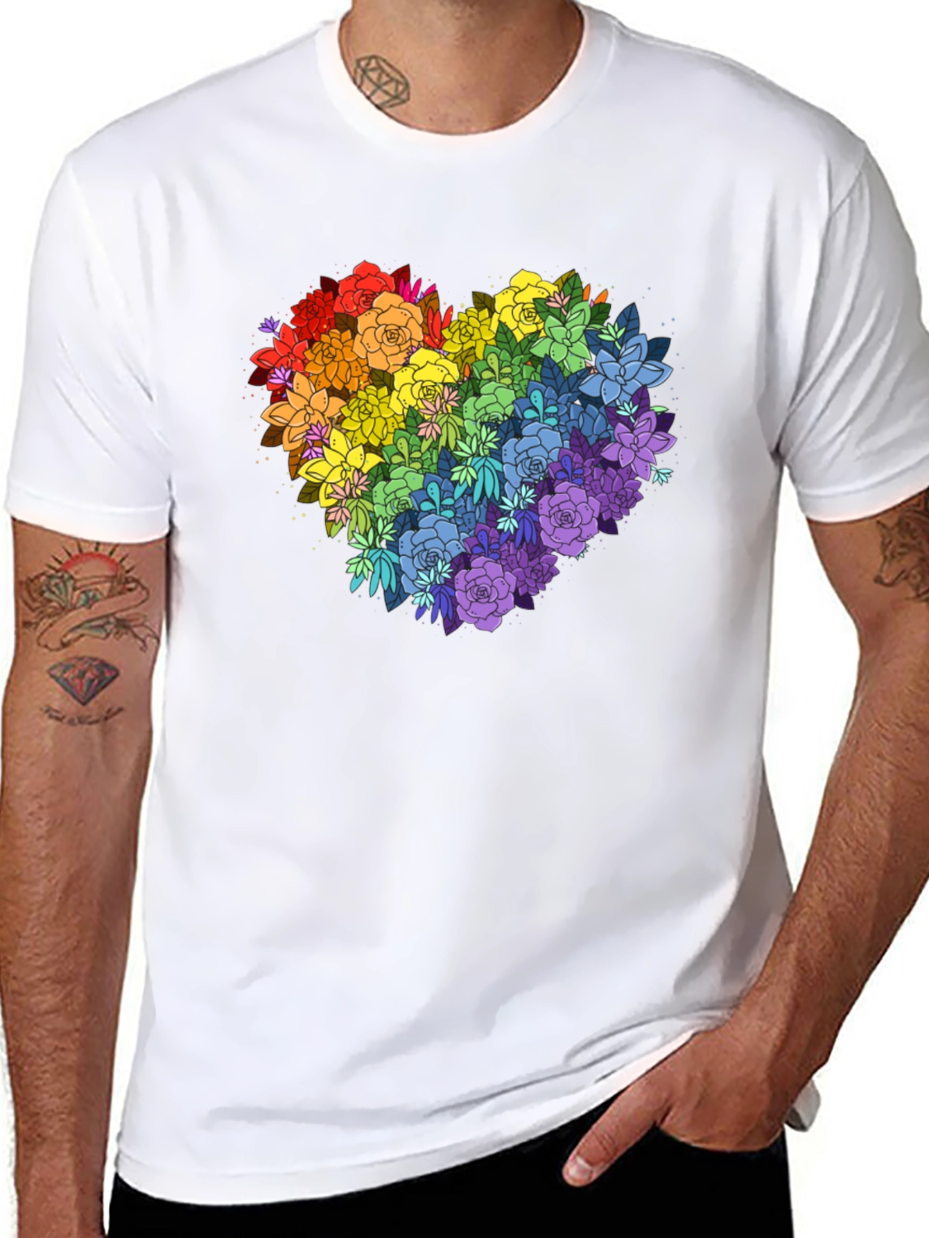 Rainbow Floral Heart Graphic Tee - Black