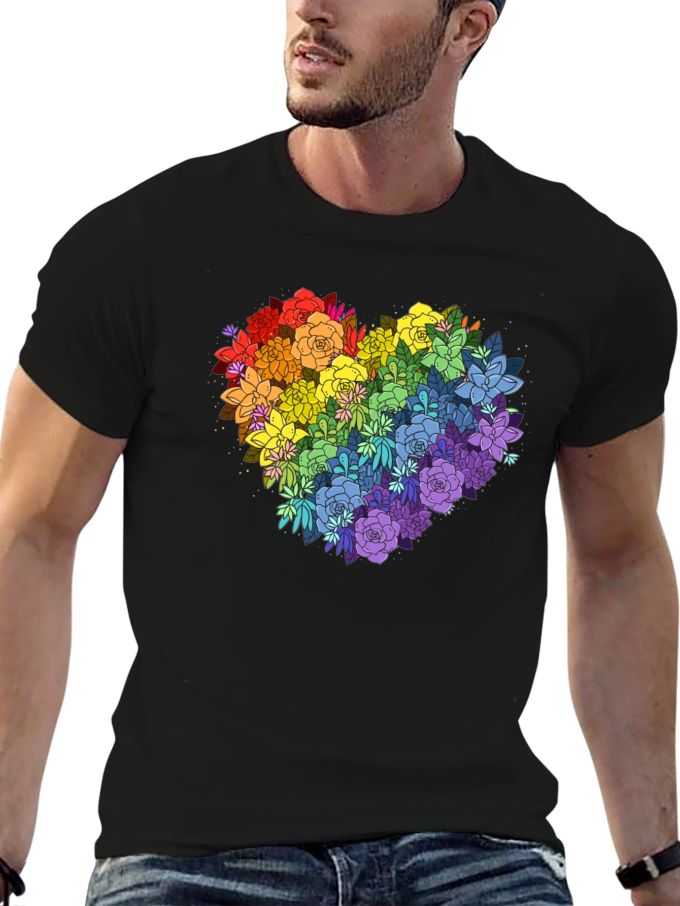 Rainbow Floral Heart Graphic Tee - Black