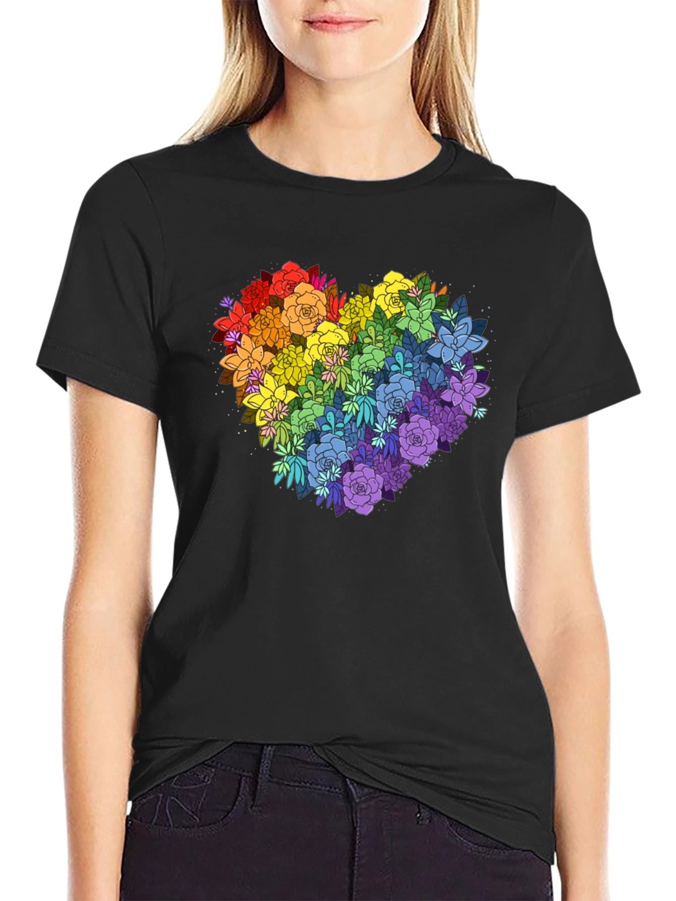 Rainbow Floral Heart Graphic Tee - Black