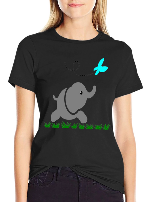 Cute Elephant & Butterfly Graphic Black T-Shirt