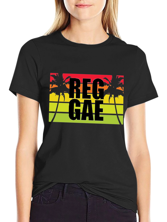 Reggae Palm Tee - Black Cotton Blend Casual T-Shirt