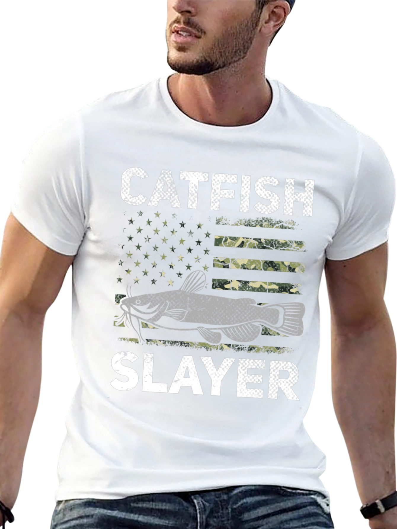 Catfish Slayer Graphic Tee - Camo Flag Design