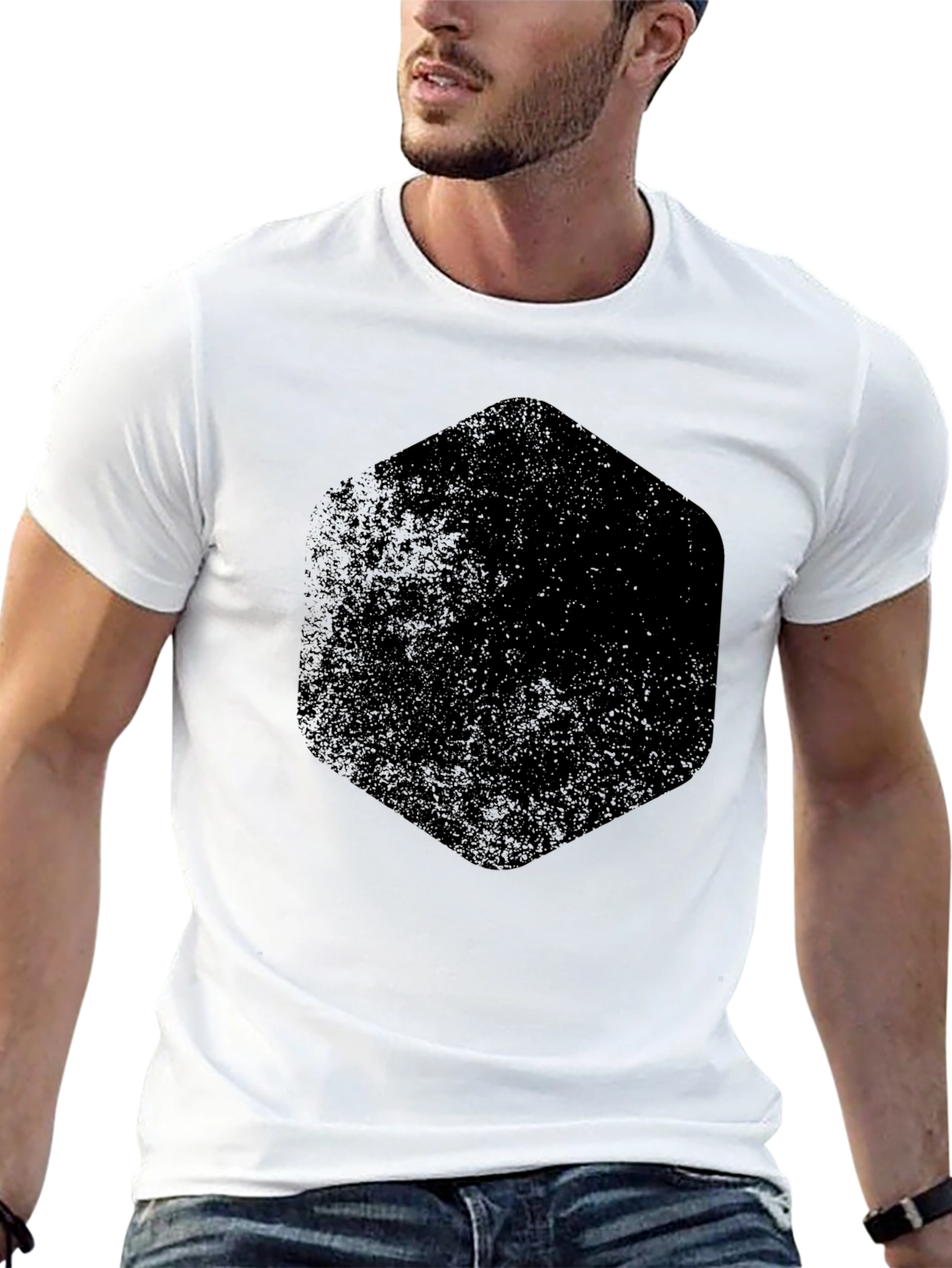 Mens Black Graphic Tee - Distressed Hexagon Design