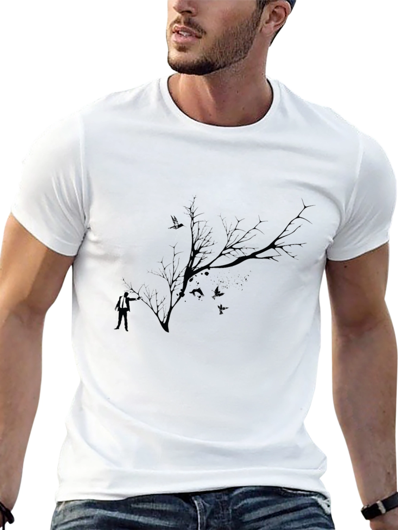 Mens Black T-Shirt with Tree and Birds Graphic Print