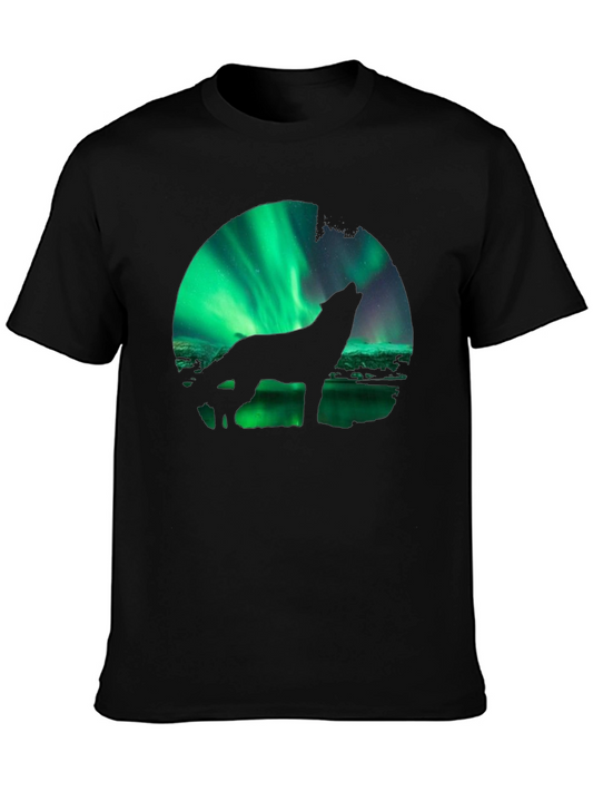 Wolf Aurora Borealis Graphic Black T-Shirt