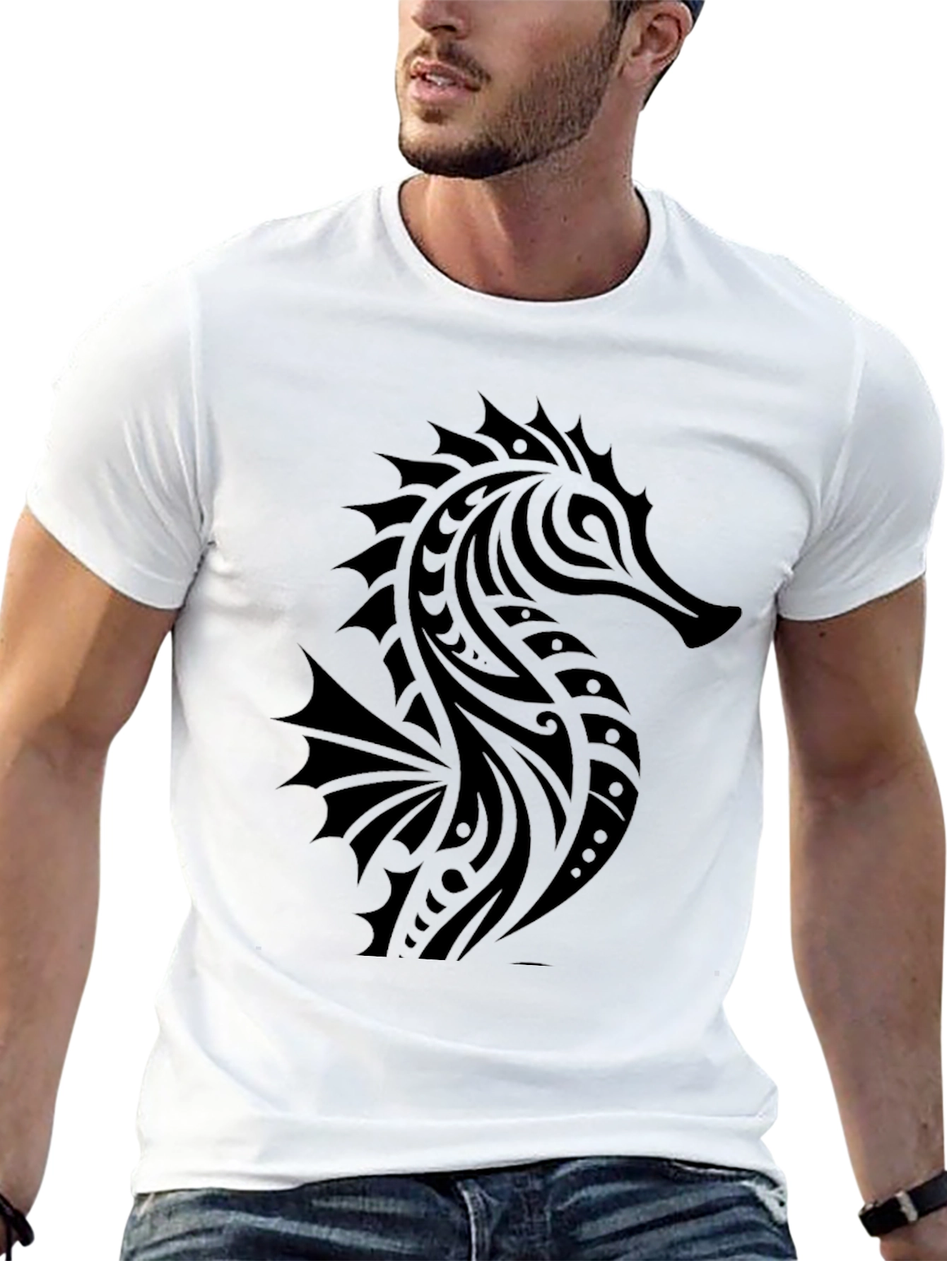Tribal Seahorse Graphic Print Black T-Shirt