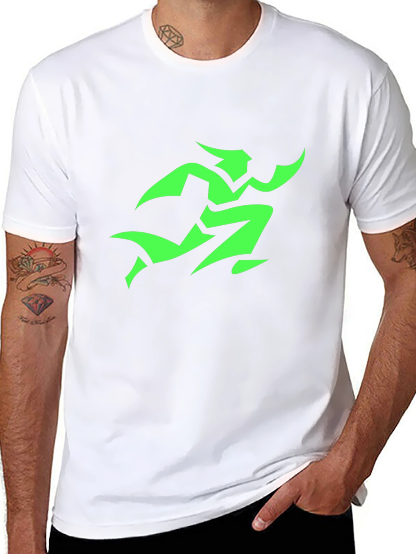 Mens Black T-Shirt with Green Runner Graphic