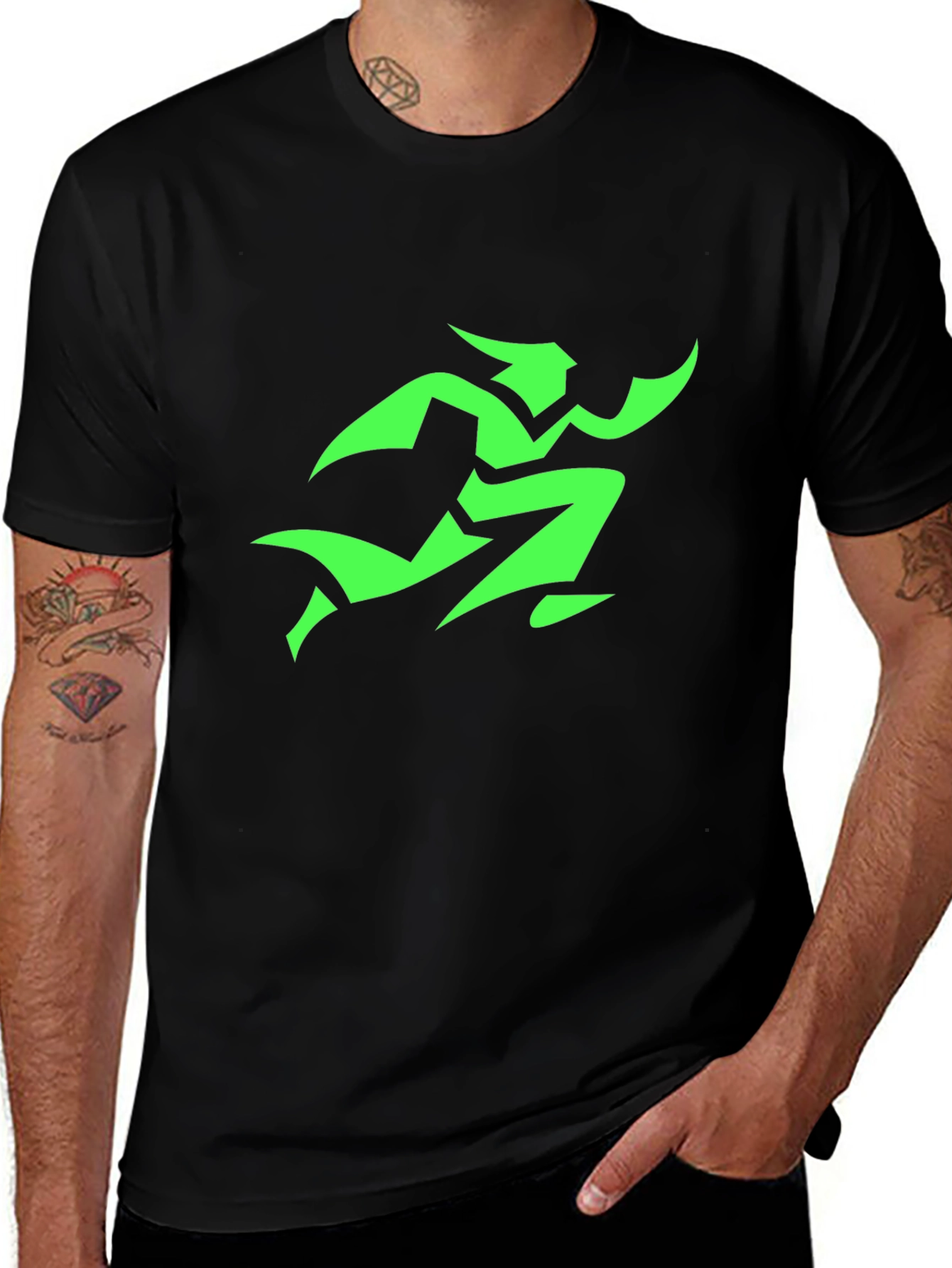 Mens Black T-Shirt with Green Runner Graphic
