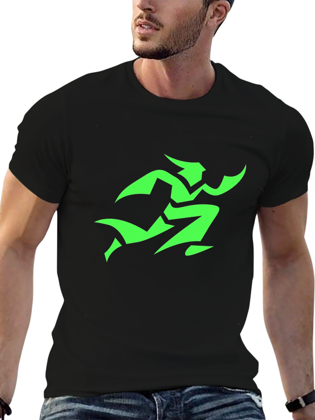 Mens Black T-Shirt with Green Runner Graphic
