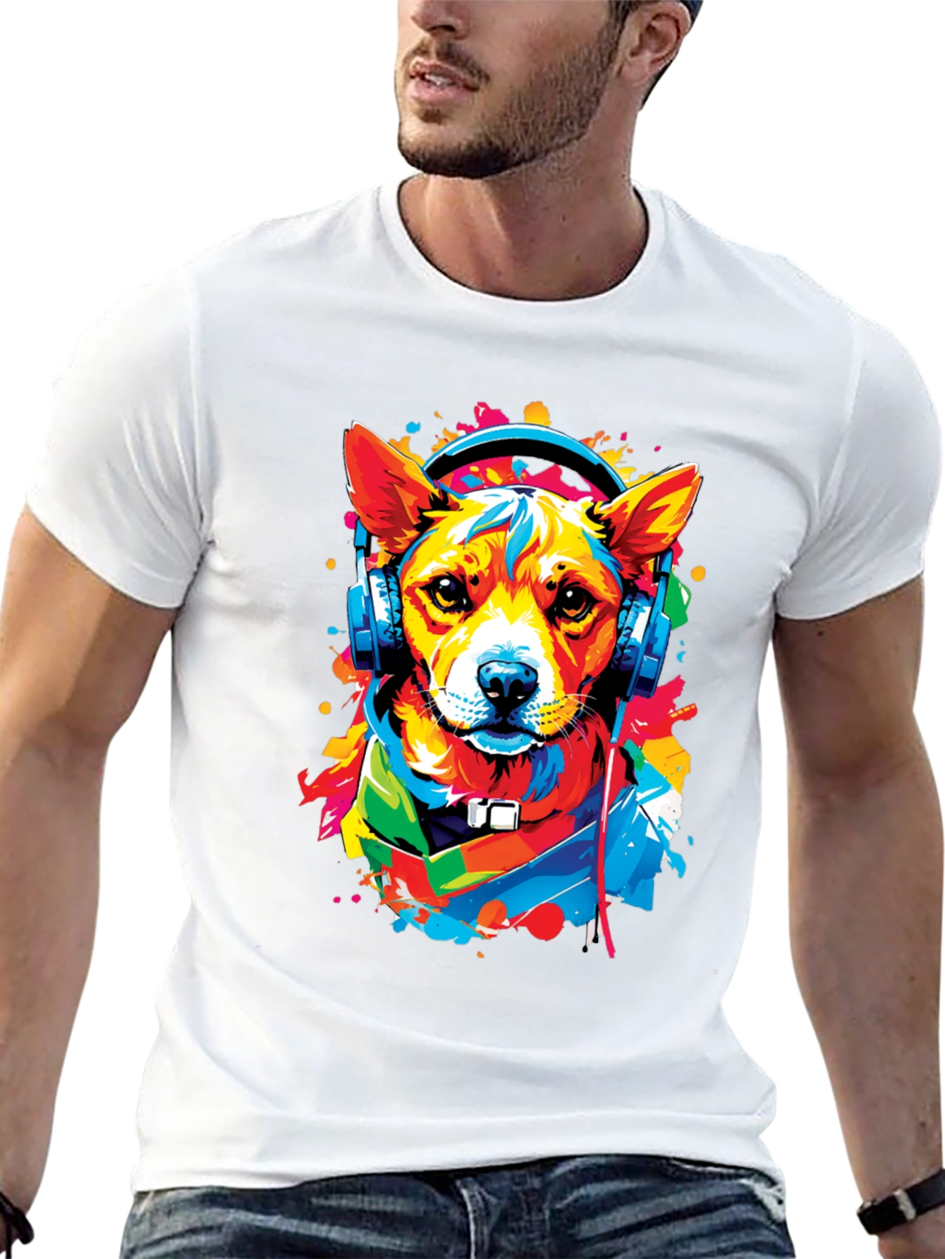 Dog in Headphones Graphic Tee - Trendy Style