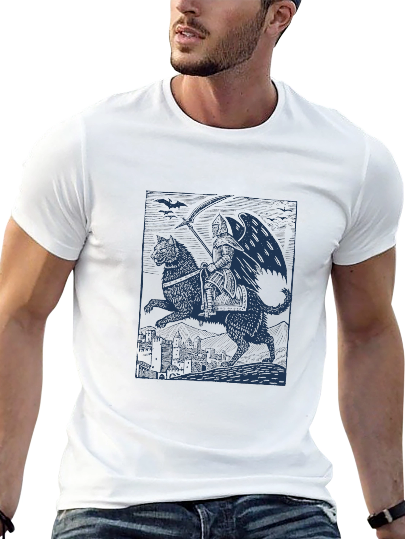Grim Reaper Wolf Rider Graphic Tee - Black Cotton