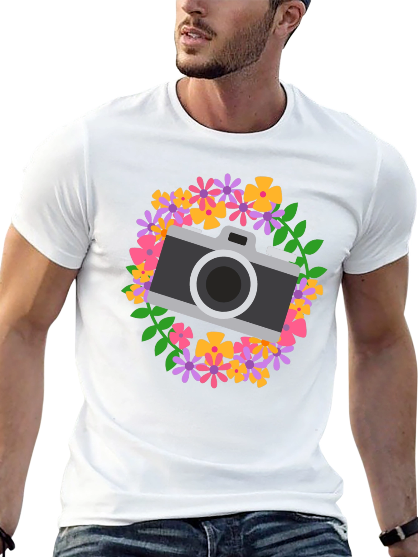 Floral Camera Graphic Tee - Black Cotton Shirt