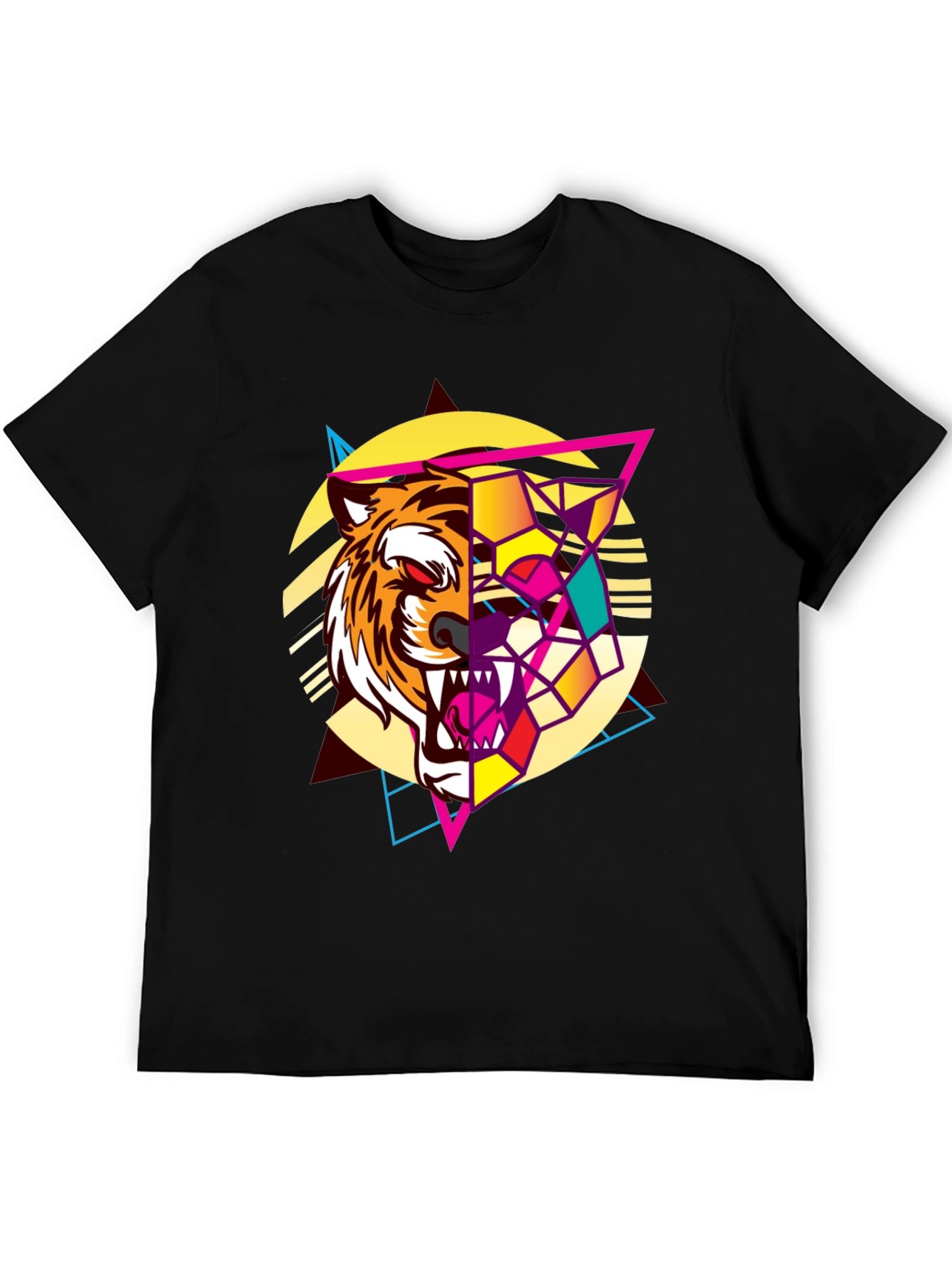 Geometric Tiger Graphic Print Black T-Shirt