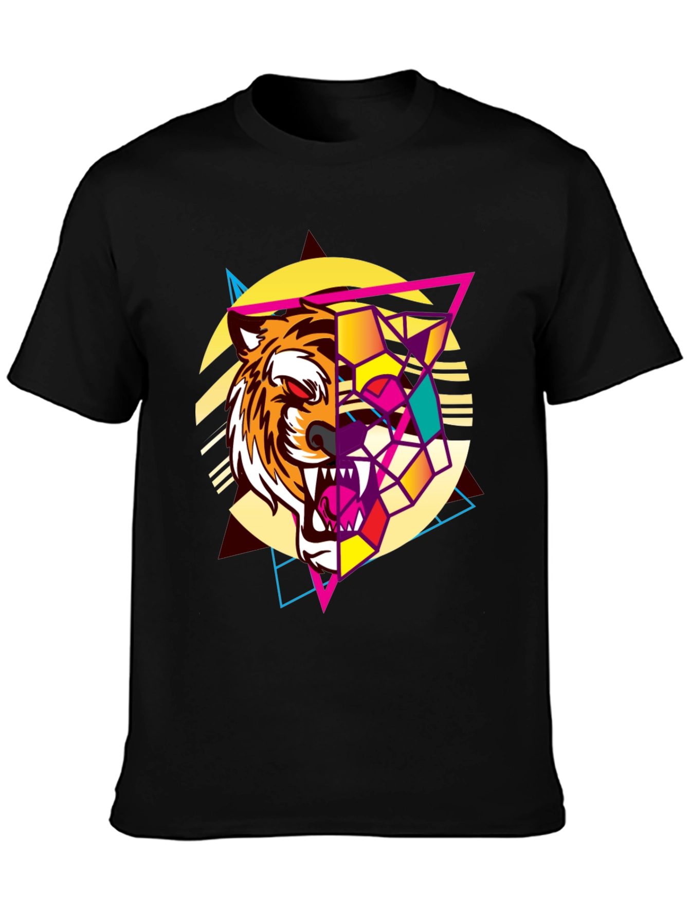 Geometric Tiger Graphic Print Black T-Shirt