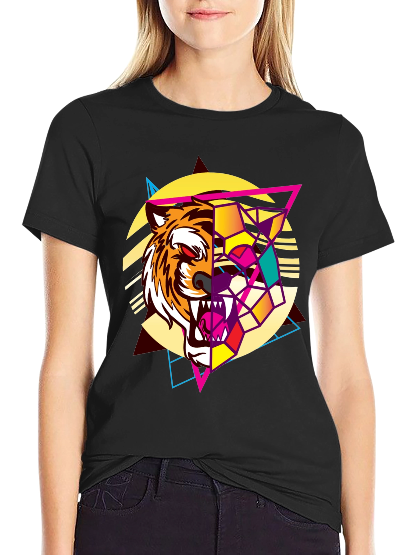 Geometric Tiger Graphic Print Black T-Shirt