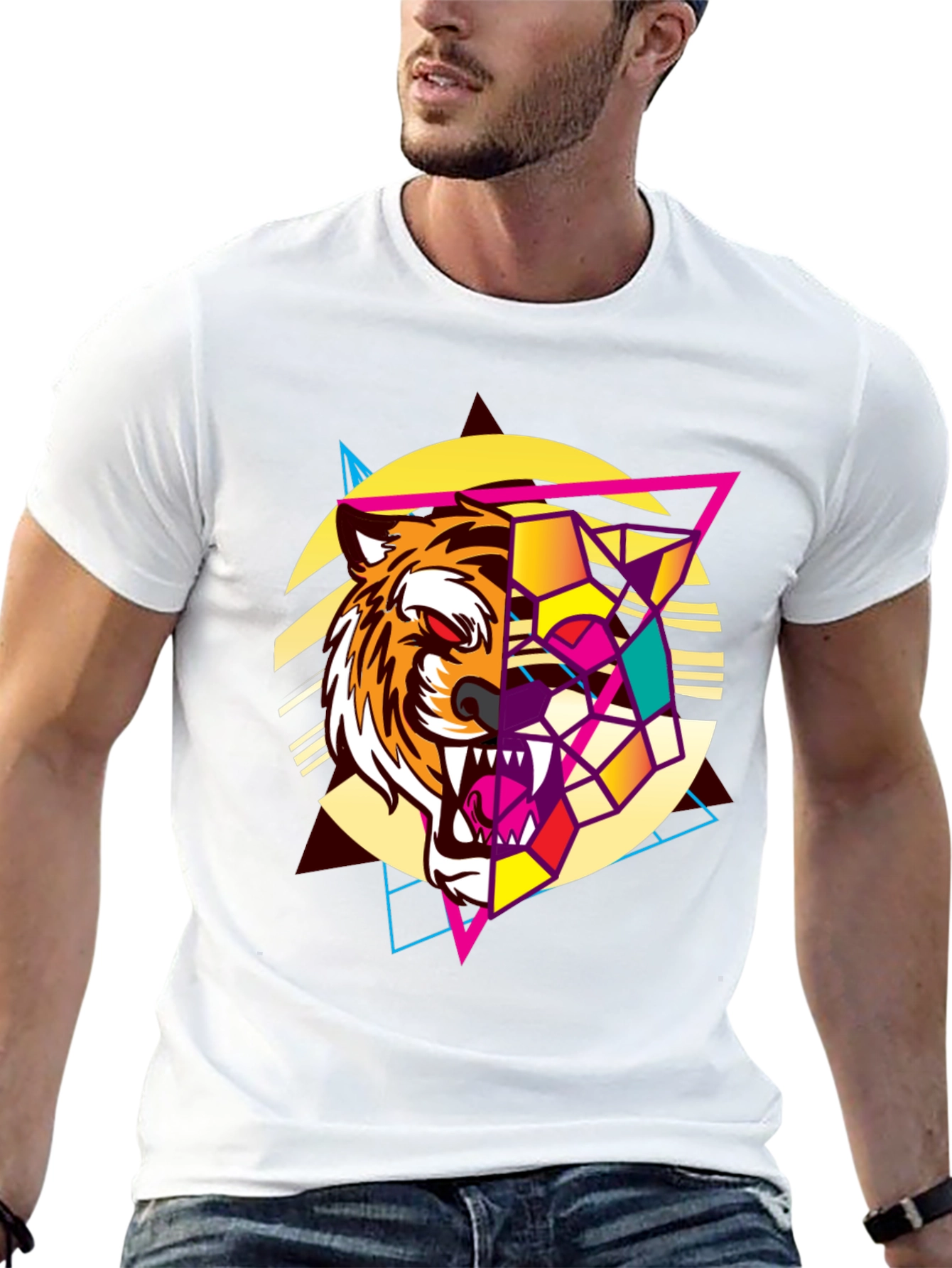 Geometric Tiger Graphic Print Black T-Shirt