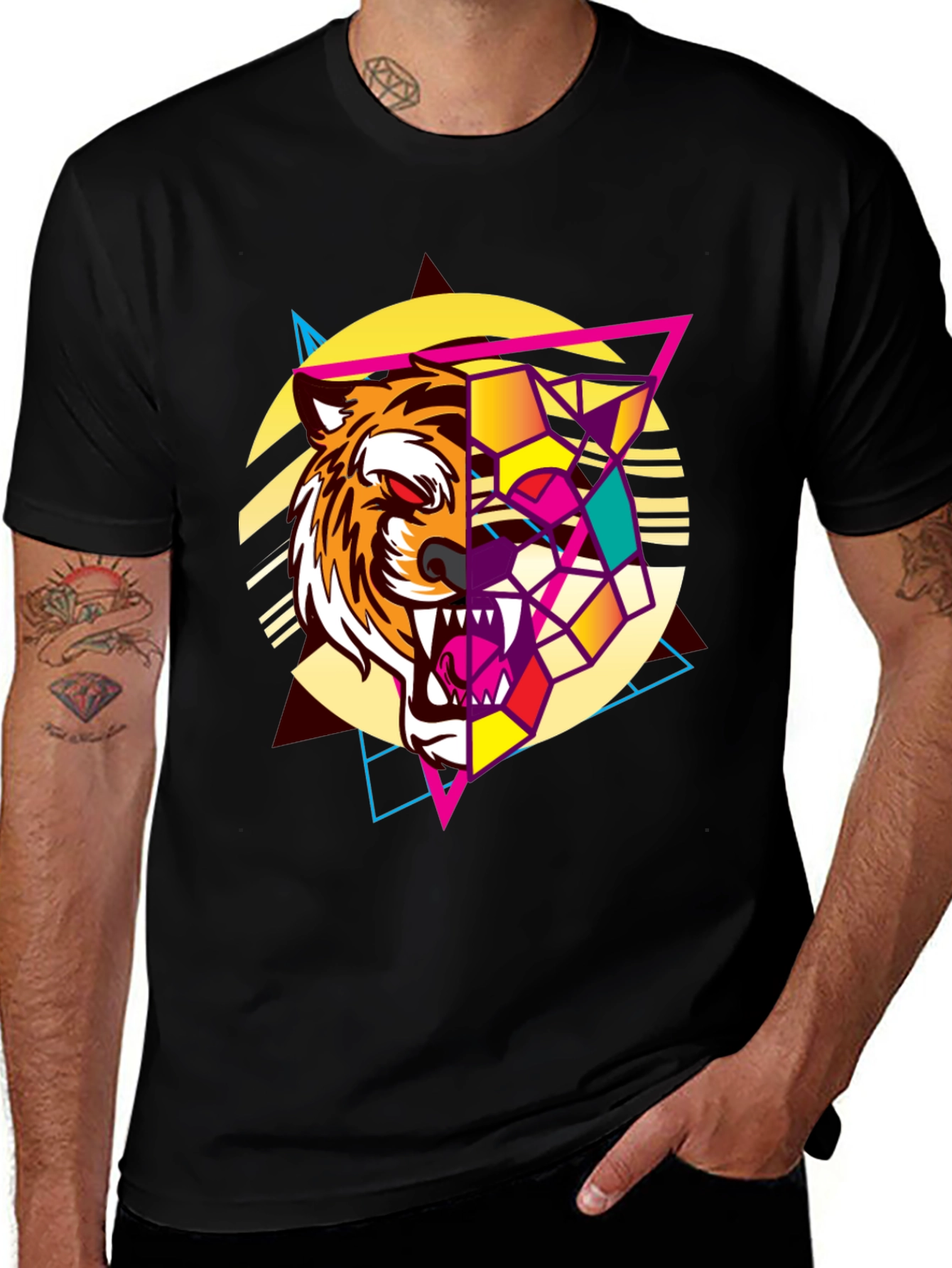 Geometric Tiger Graphic Print Black T-Shirt
