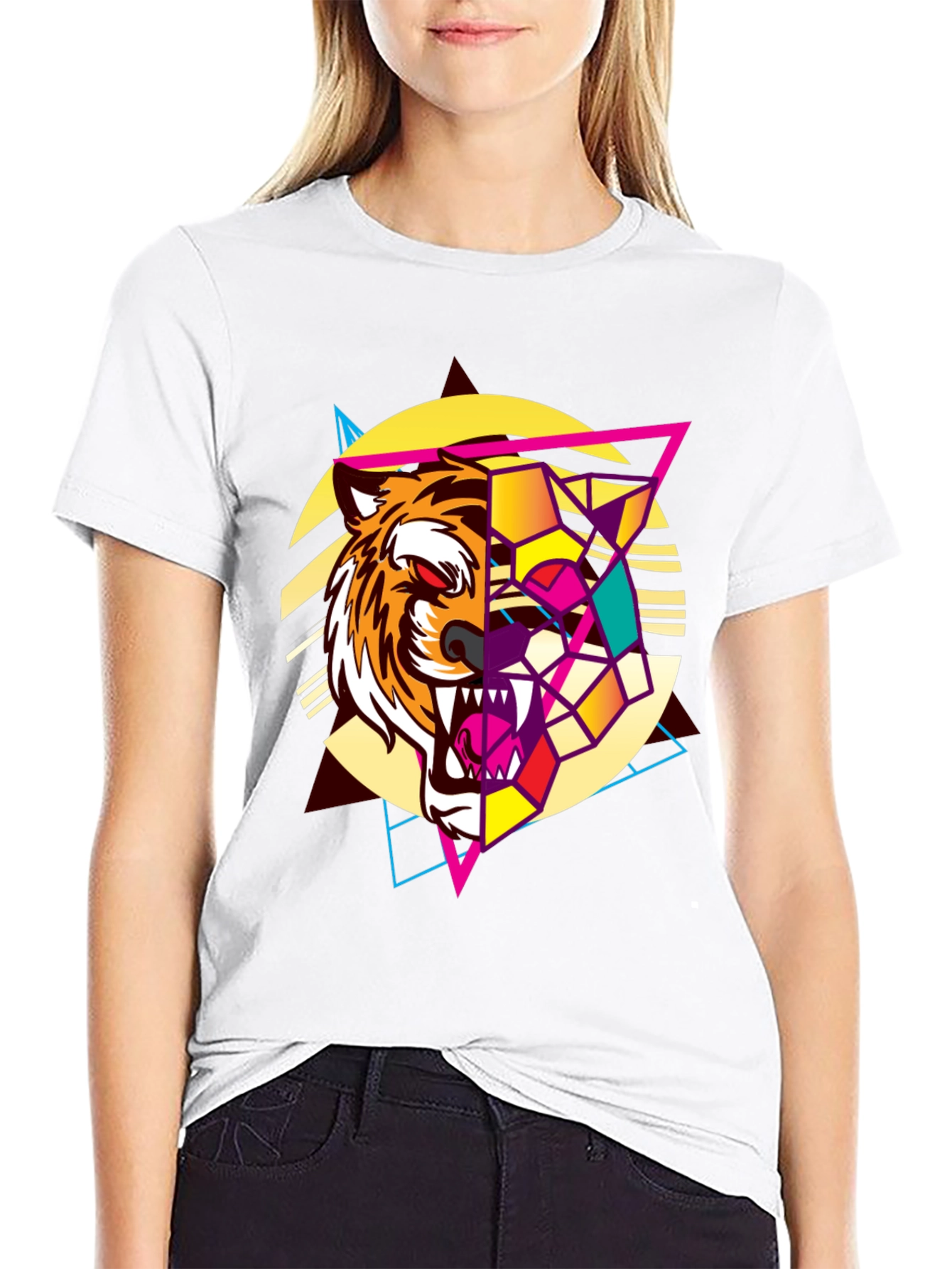 Geometric Tiger Graphic Print Black T-Shirt
