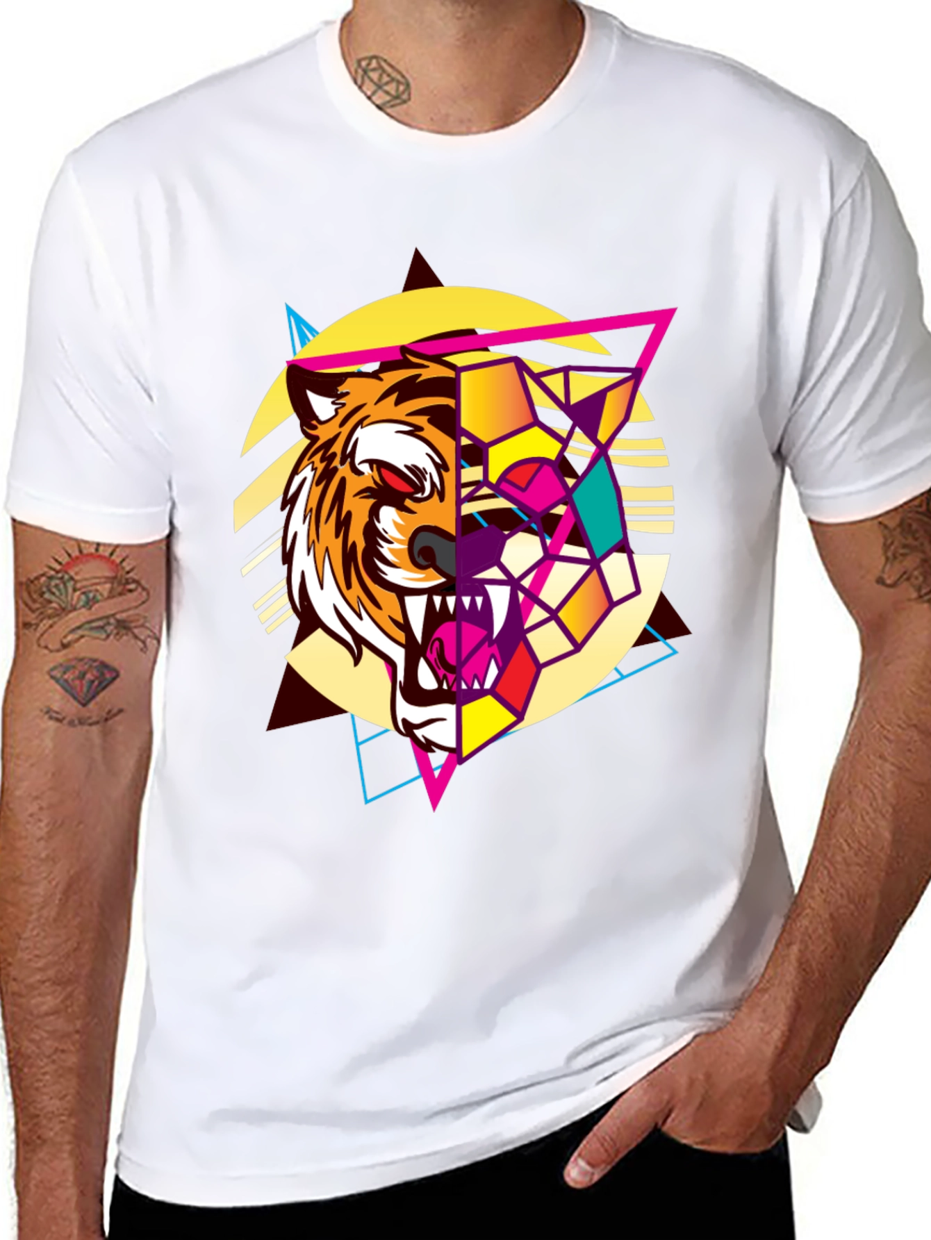 Geometric Tiger Graphic Print Black T-Shirt