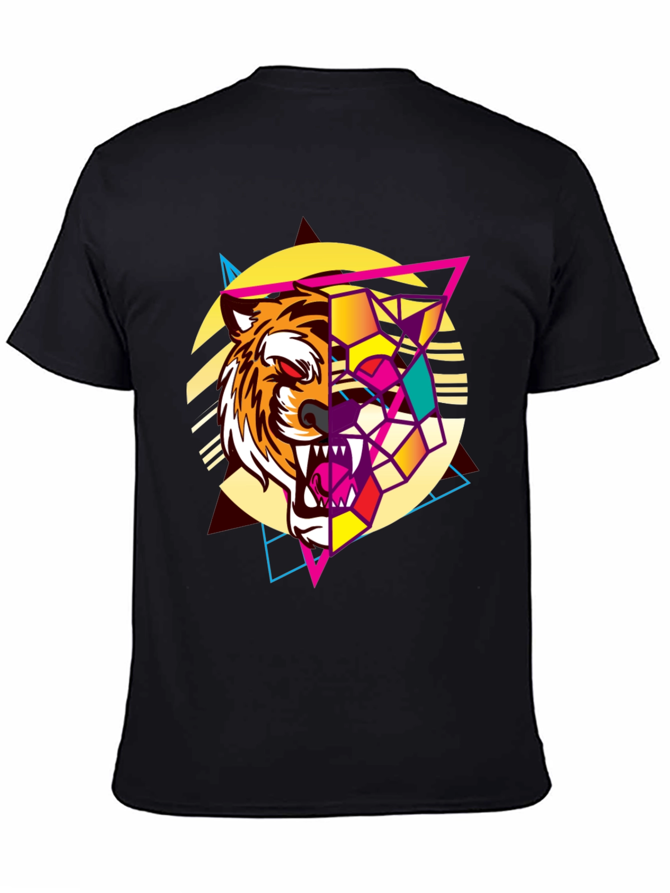 Geometric Tiger Graphic Print Black T-Shirt