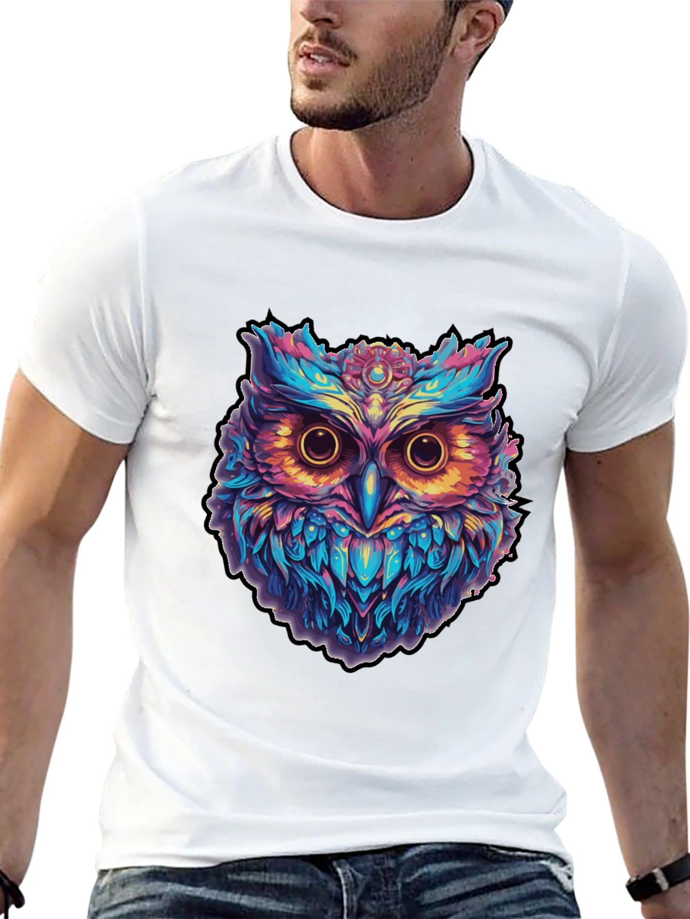 Psychedelic Owl Graphic Print Black T-Shirt