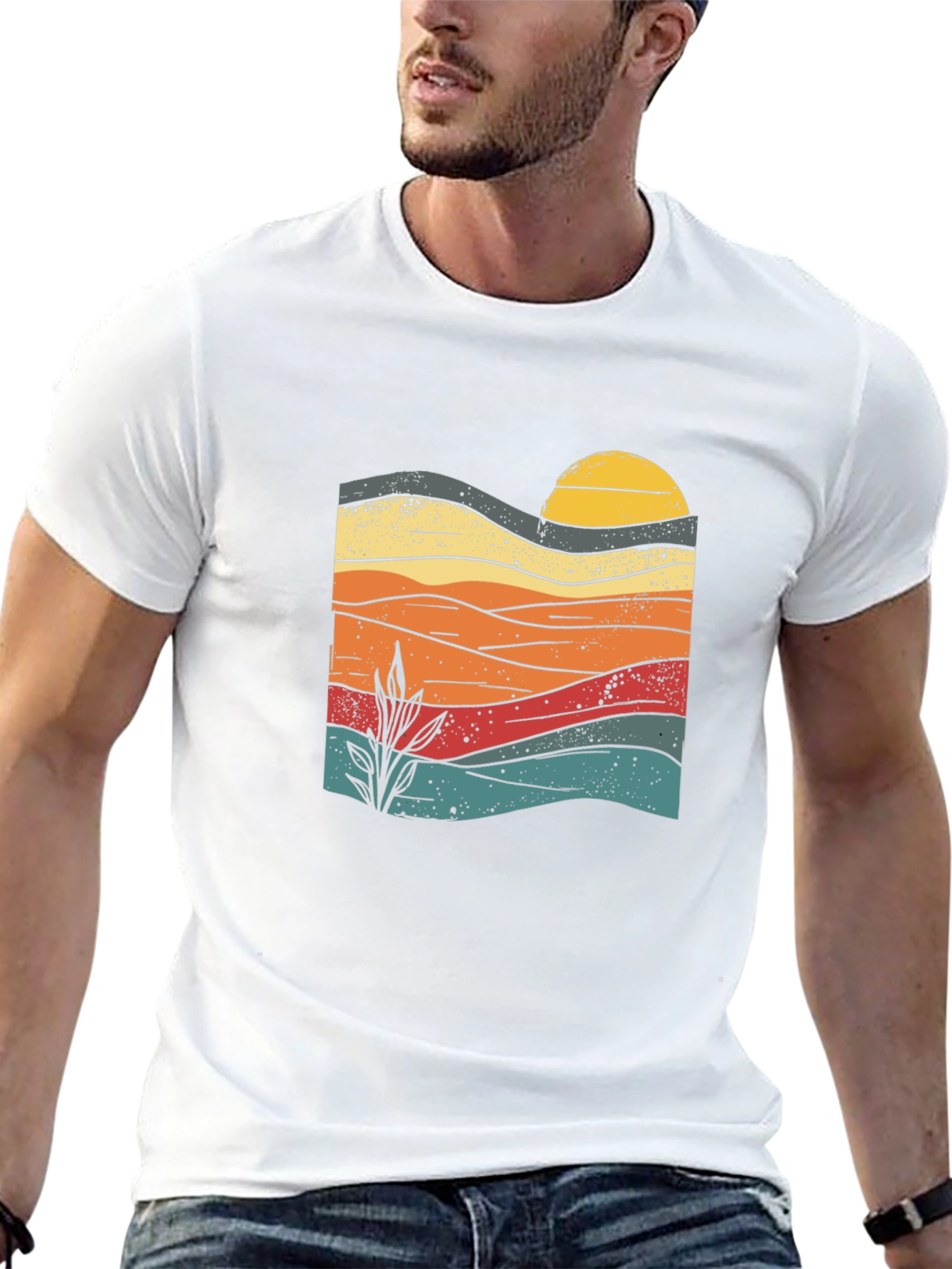 Retro Sunset Graphic Tee - Black Cotton Blend