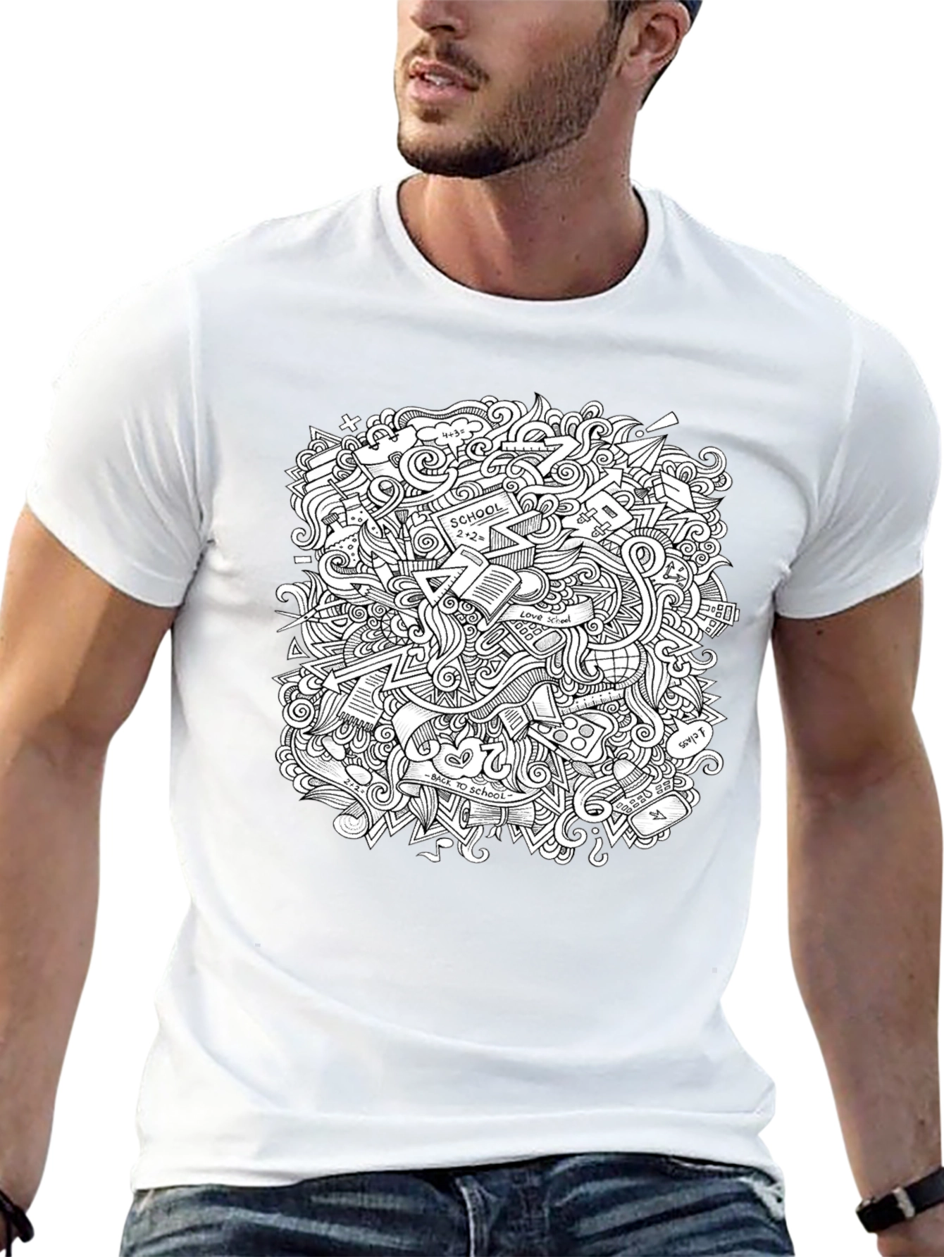 Doodle Print Graphic Tee - Black Cotton T-Shirt