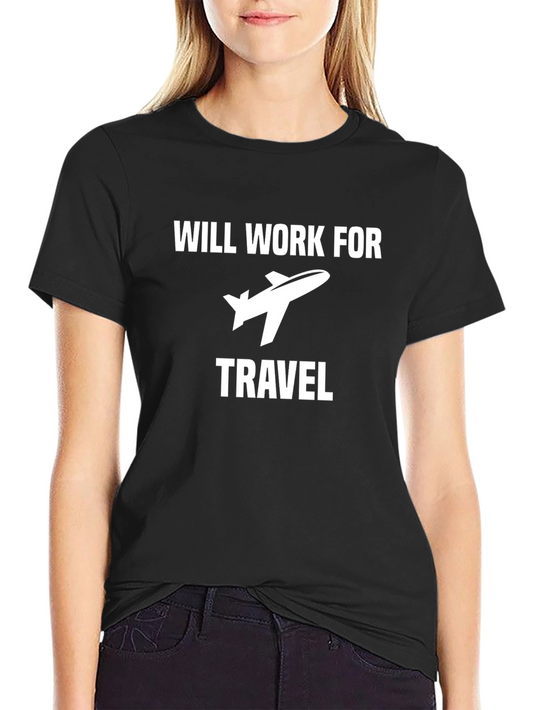 Will Work For Travel Black Tee - Airplane Graphic