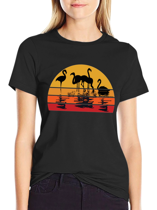 Sunset Flamingo Graphic Tee - Black Cotton Comfort